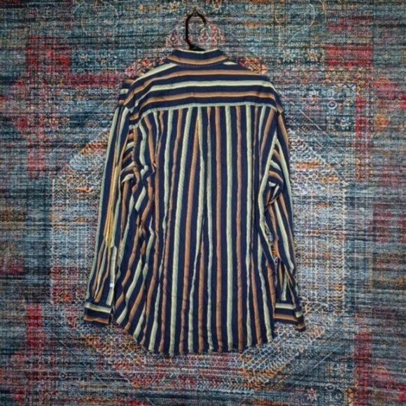 Burberry London mens navy green red beige white striped button front L USA - Picture 2 of 4